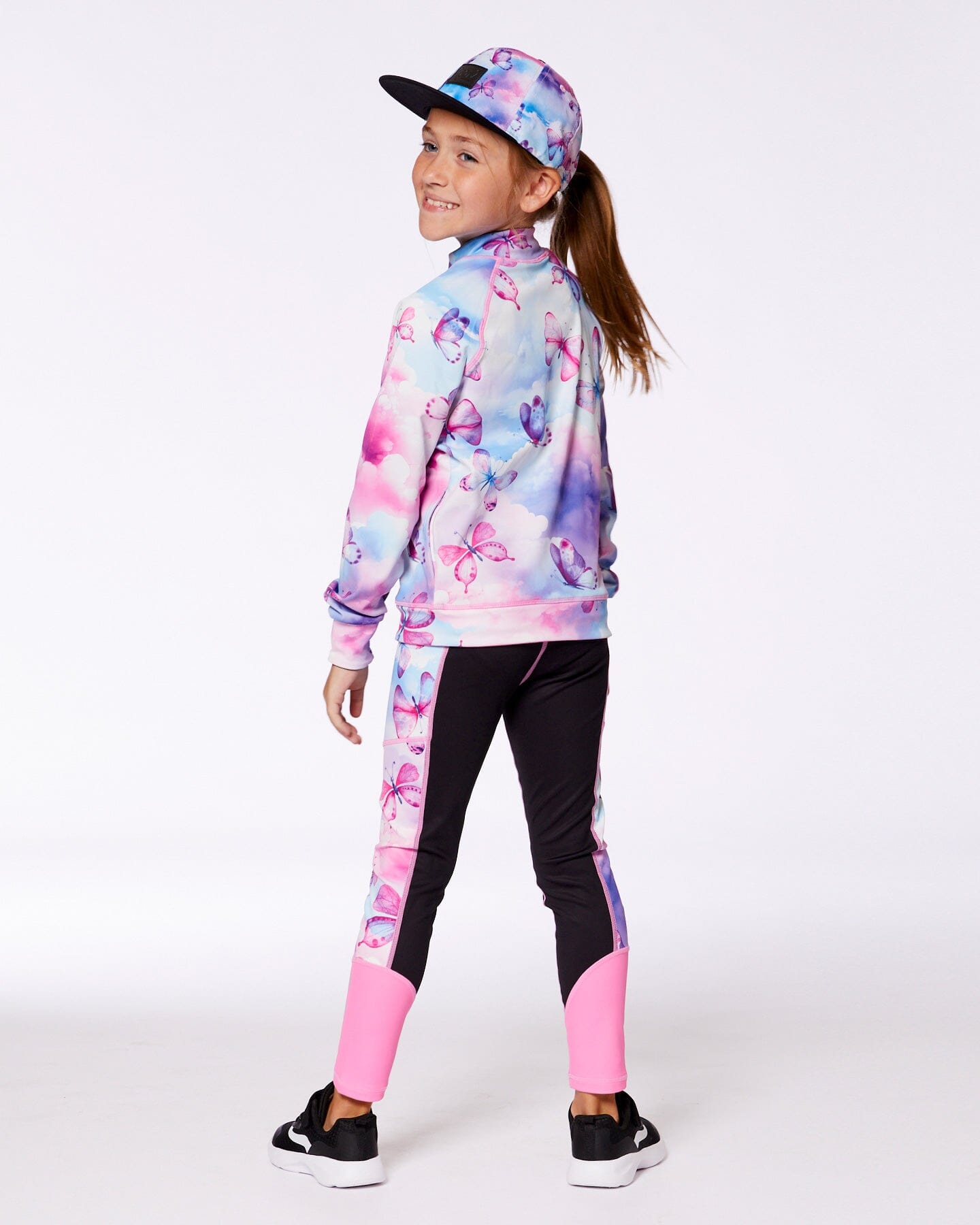 Colorblock Athletic Leggings Black And Multicolored Butterflies-1
