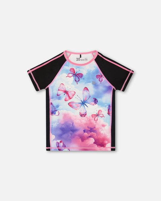 Printed Short Sleeve Athletic Top Pink, Black And Butterfly-0