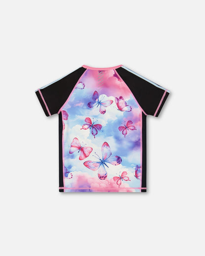 Printed Short Sleeve Athletic Top Pink, Black And Butterfly-2
