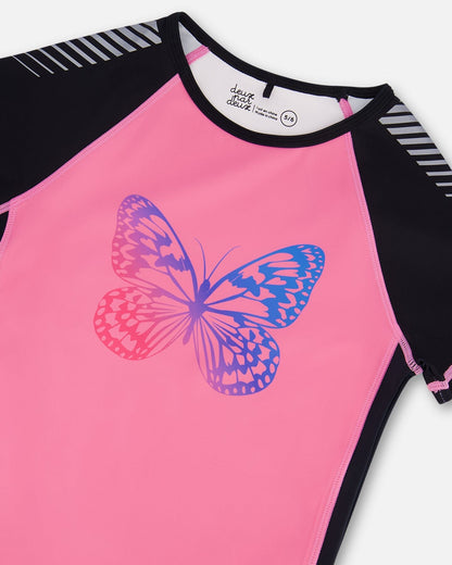 Printed Short Sleeve Athletic Top Pink With Butterflies-3