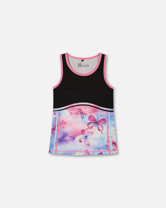 Colorblock Athletic Tank Top Black With Butterflies Printed-0