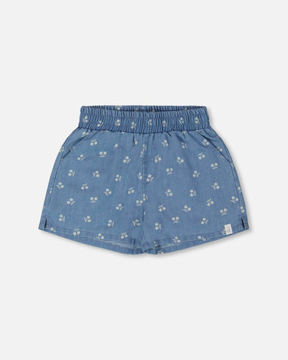 Printed Chambray Short Blue And White Cherries-0