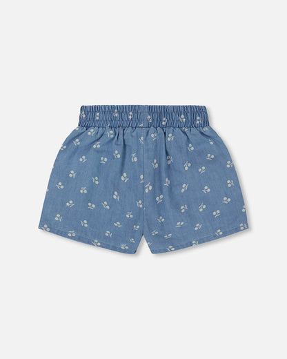 Printed Chambray Short Blue And White Cherries-2