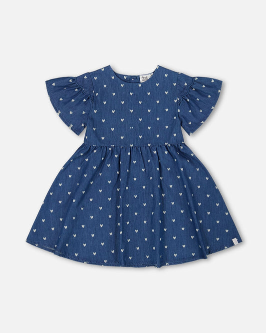 Printed Chambray Dress Navy Blue And White Hearts-0