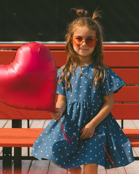 Printed Chambray Dress Navy Blue And White Hearts-1