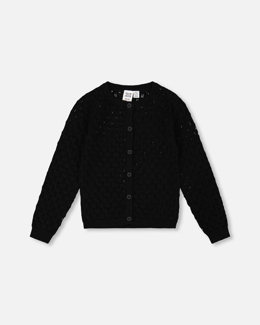 Pointelle Knit Cardigan Sweater Black-0
