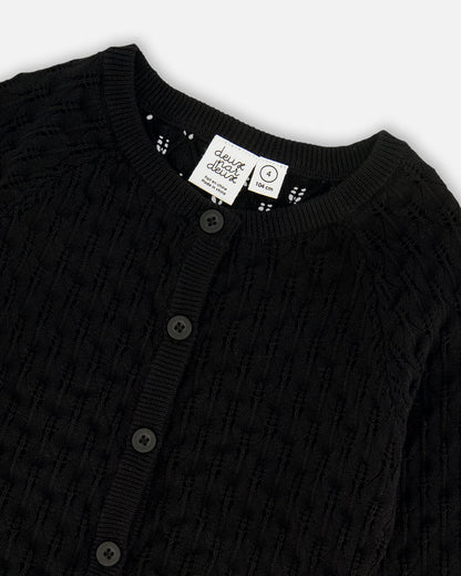Pointelle Knit Cardigan Sweater Black-3