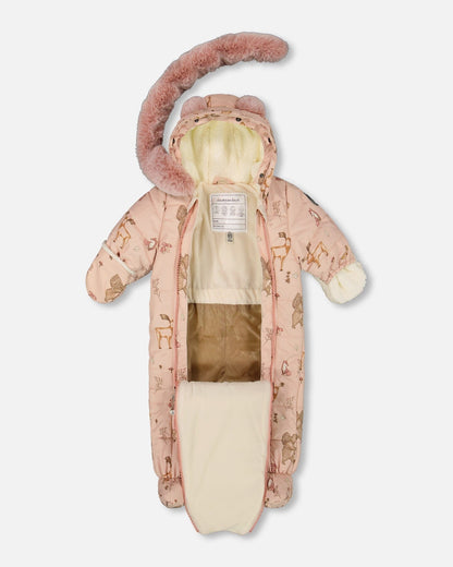 One-Piece Baby Layette Snowsuit Designed For Car Seat Pink Printed Animal-1