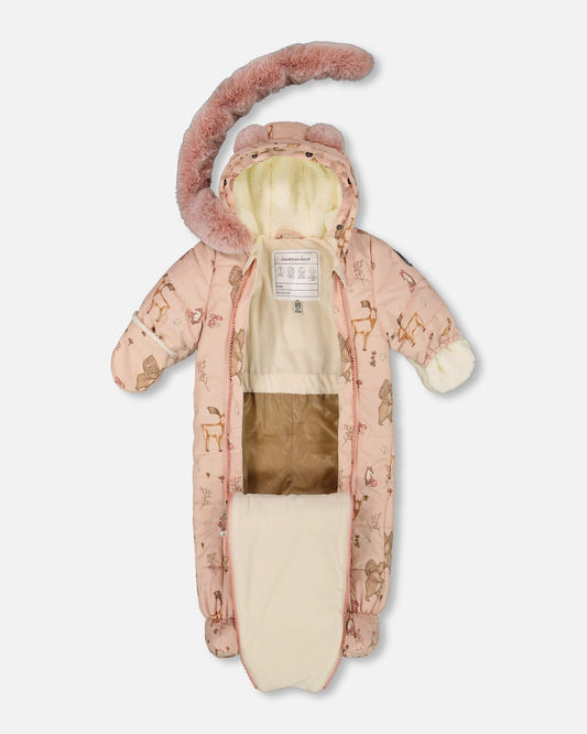 One-Piece Baby Layette Snowsuit Designed For Car Seat Pink Printed Animal-1