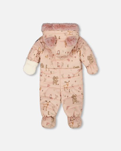 One-Piece Baby Layette Snowsuit Designed For Car Seat Pink Printed Animal-2