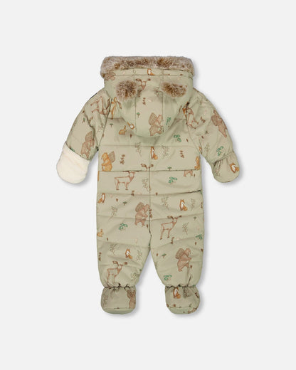 One-Piece Baby Layette Snowsuit Designed For Car Seat Green Animal Print-2