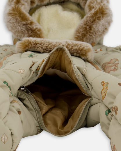 One-Piece Baby Layette Snowsuit Designed For Car Seat Green Animal Print-4
