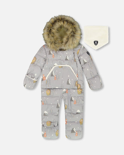 One-Piece Baby Snug Snowsuit Designed For Car Seat Gray Bear Print-0