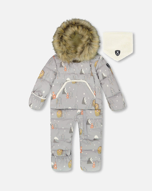 One-Piece Baby Snug Snowsuit Designed For Car Seat Gray Bear Print-0