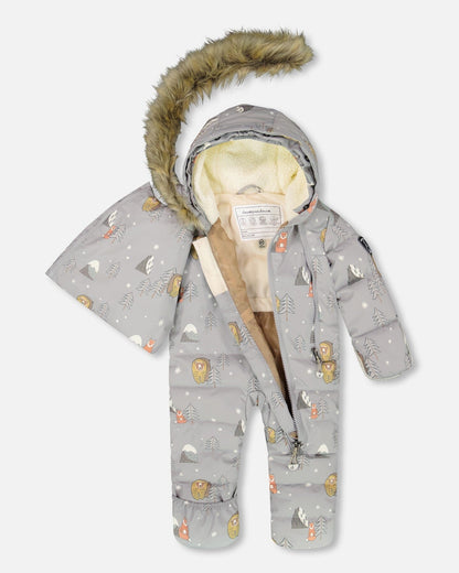 One-Piece Baby Snug Snowsuit Designed For Car Seat Gray Bear Print-2