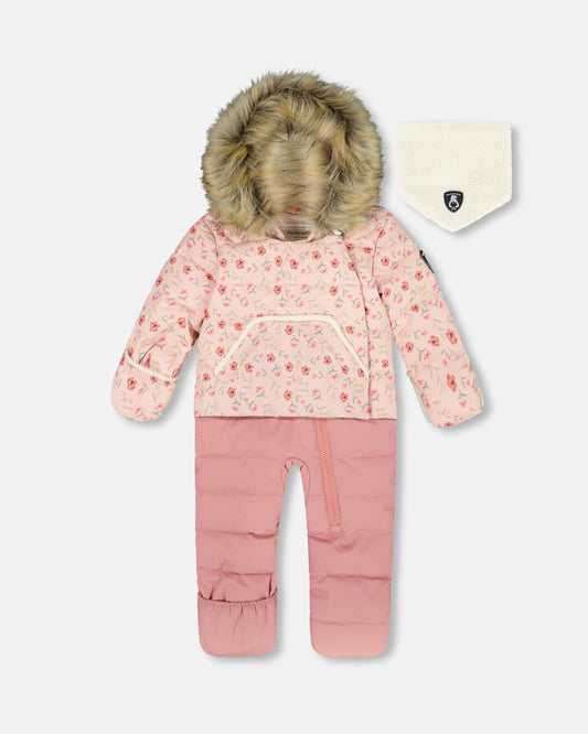 One-Piece Baby Snug Snowsuit Designed For Car Seat Pink Mini Flowers-0