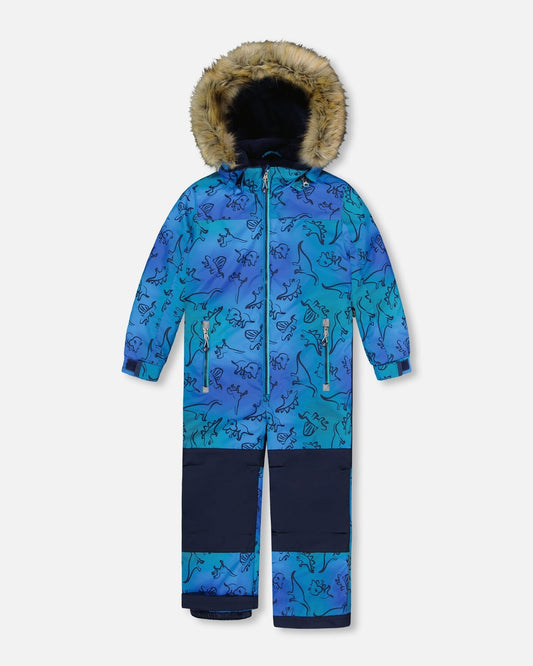 One-Piece Discover Snowsuit Blue Gradient Dinosaur Print-0