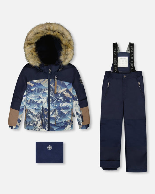 Two-Piece Play Snowsuit With Printed Colorblocked Jacket Navy Blue-0