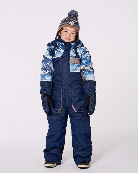 One-Piece Play Snowsuit With Mountains Print Navy Blue-1