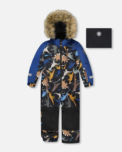 One-Piece Play Snowsuit Black Dinosaur Print-0