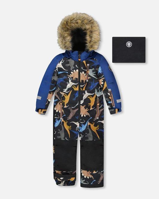 One-Piece Play Snowsuit Black Dinosaur Print-0