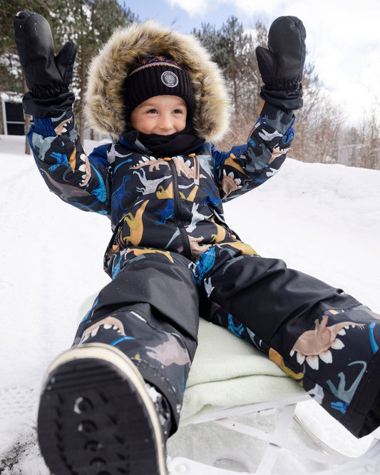 One-Piece Play Snowsuit Black Dinosaur Print-1