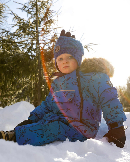 One-Piece Baby Play Snowsuit Designed For Car Seat Blue Gradient Dinosaur Print-1