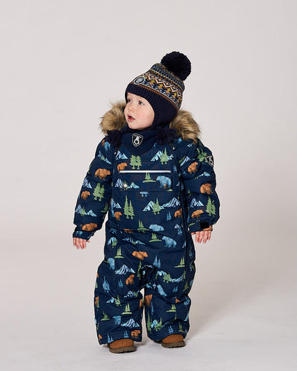 One-Piece Baby Play Snowsuit Designed For Car Seat Navy Animal Print-1