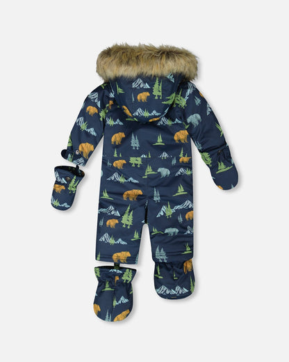 One-Piece Baby Play Snowsuit Designed For Car Seat Navy Animal Print-3