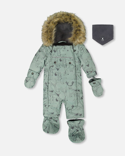 One-Piece Baby Play Snowsuit Designed For Car Seat Sage Animal Print-0