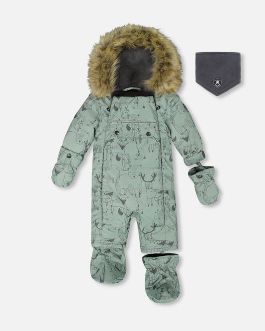 One-Piece Baby Play Snowsuit Designed For Car Seat Sage Animal Print-0