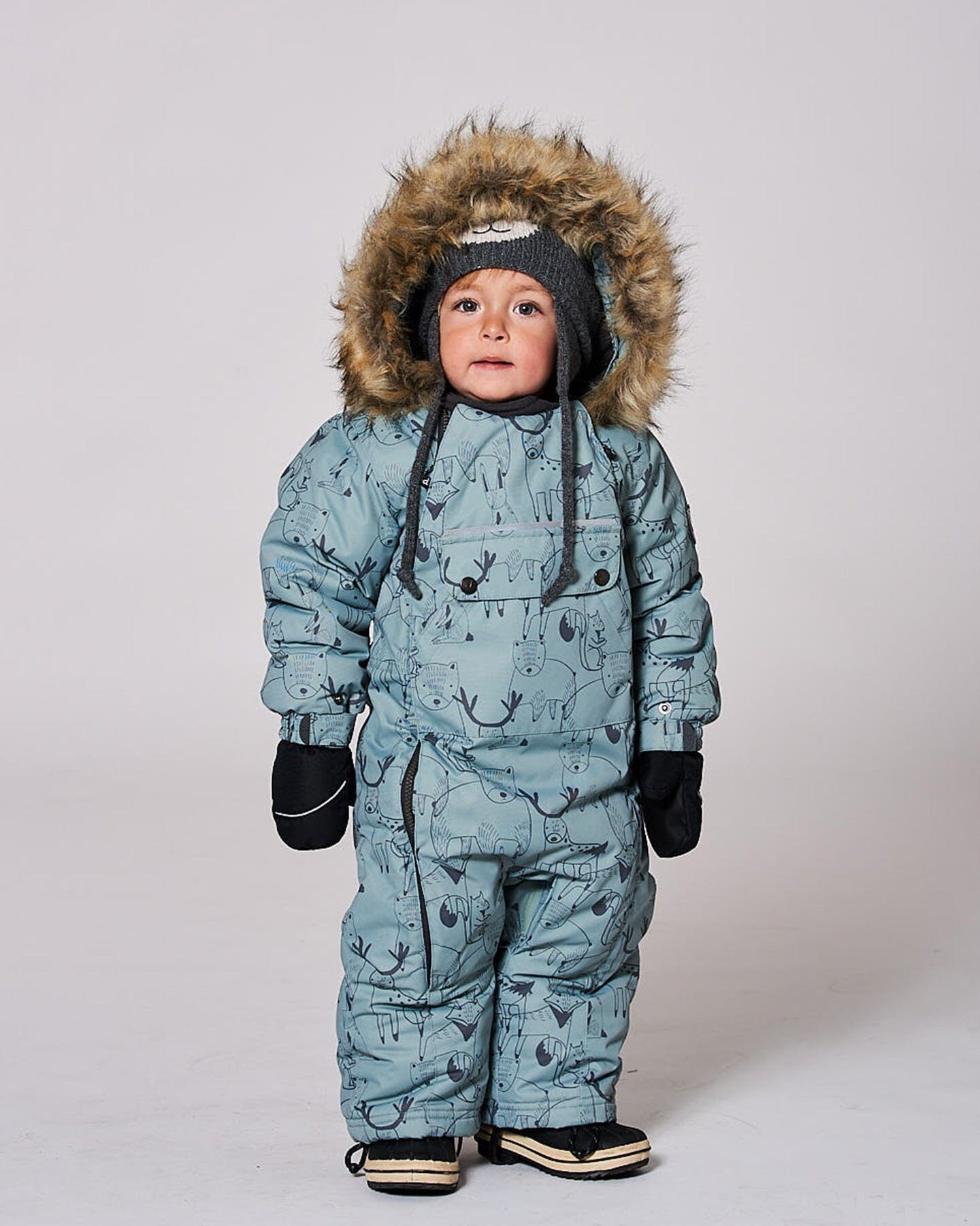 One-Piece Baby Play Snowsuit Designed For Car Seat Sage Animal Print-1