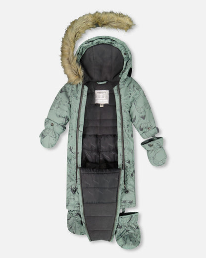 One-Piece Baby Play Snowsuit Designed For Car Seat Sage Animal Print-2
