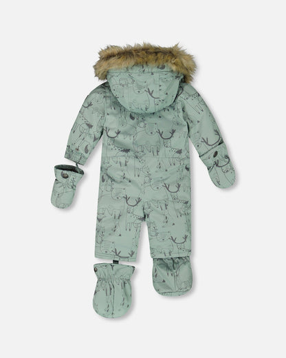 One-Piece Baby Play Snowsuit Designed For Car Seat Sage Animal Print-3