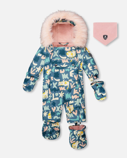 One-Piece Baby Play Snowsuit Designed For Car Seat Green Cat Print-0