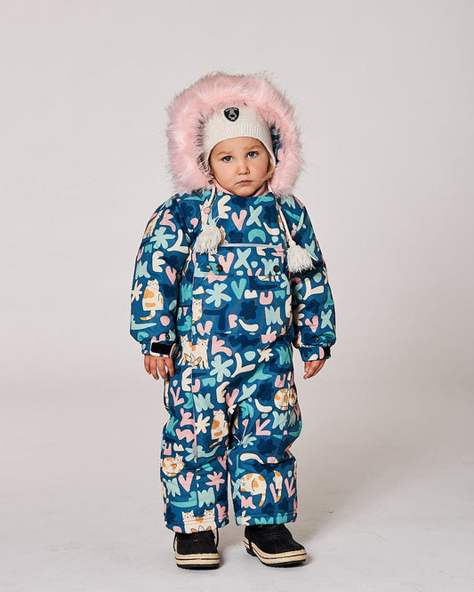 One-Piece Baby Play Snowsuit Designed For Car Seat Green Cat Print-1