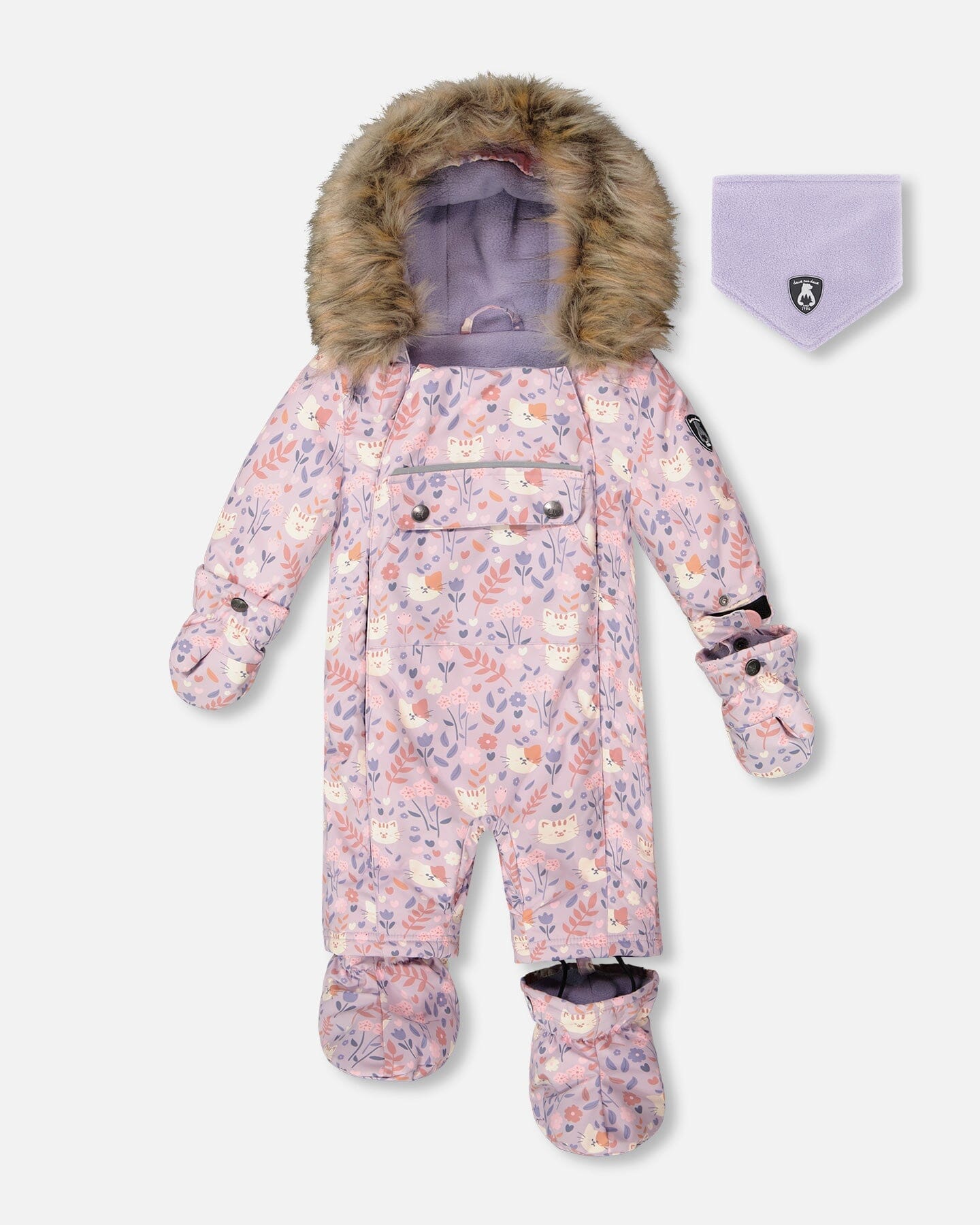 One-Piece Baby Play Snowsuit Designed For Car Seat Lilac Cat Print-0