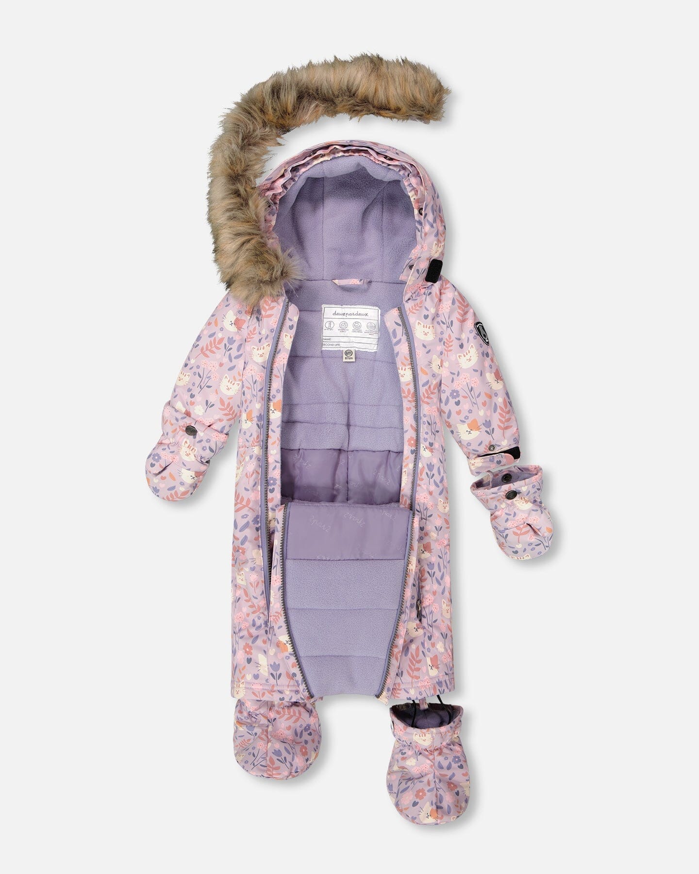 One-Piece Baby Play Snowsuit Designed For Car Seat Lilac Cat Print-2