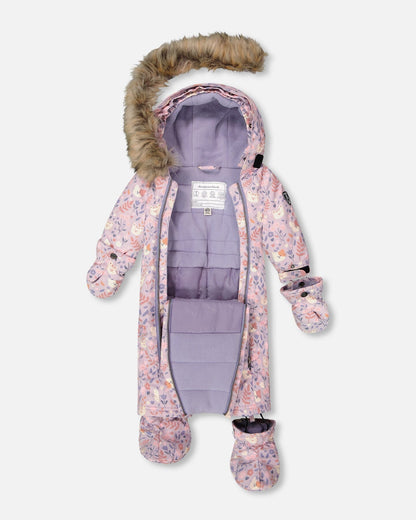 One-Piece Baby Play Snowsuit Designed For Car Seat Lilac Cat Print-2