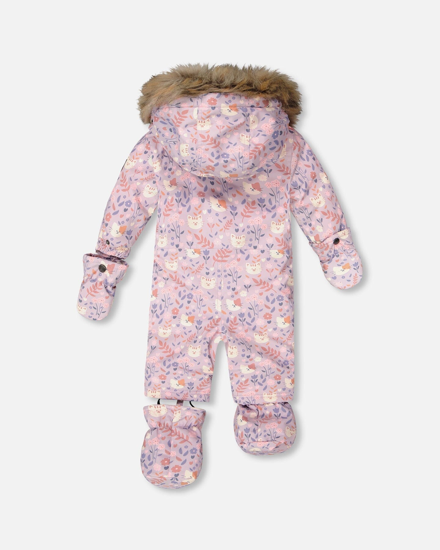 One-Piece Baby Play Snowsuit Designed For Car Seat Lilac Cat Print-3