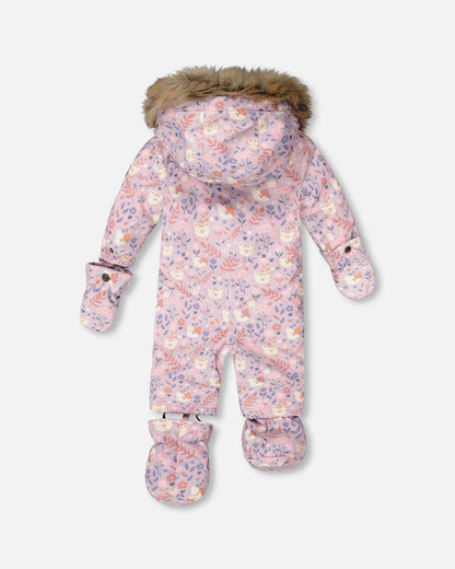 One-Piece Baby Play Snowsuit Designed For Car Seat Lilac Cat Print-3