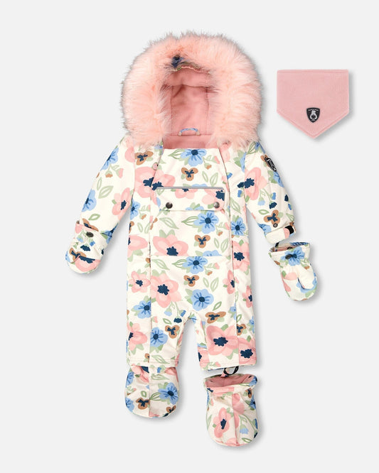 One-Piece Baby Play Snowsuit Designed For Car Seat Off-White Flower Print-0