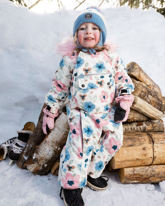 One-Piece Baby Play Snowsuit Designed For Car Seat Off-White Flower Print-1