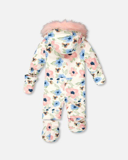 One-Piece Baby Play Snowsuit Designed For Car Seat Off-White Flower Print-4