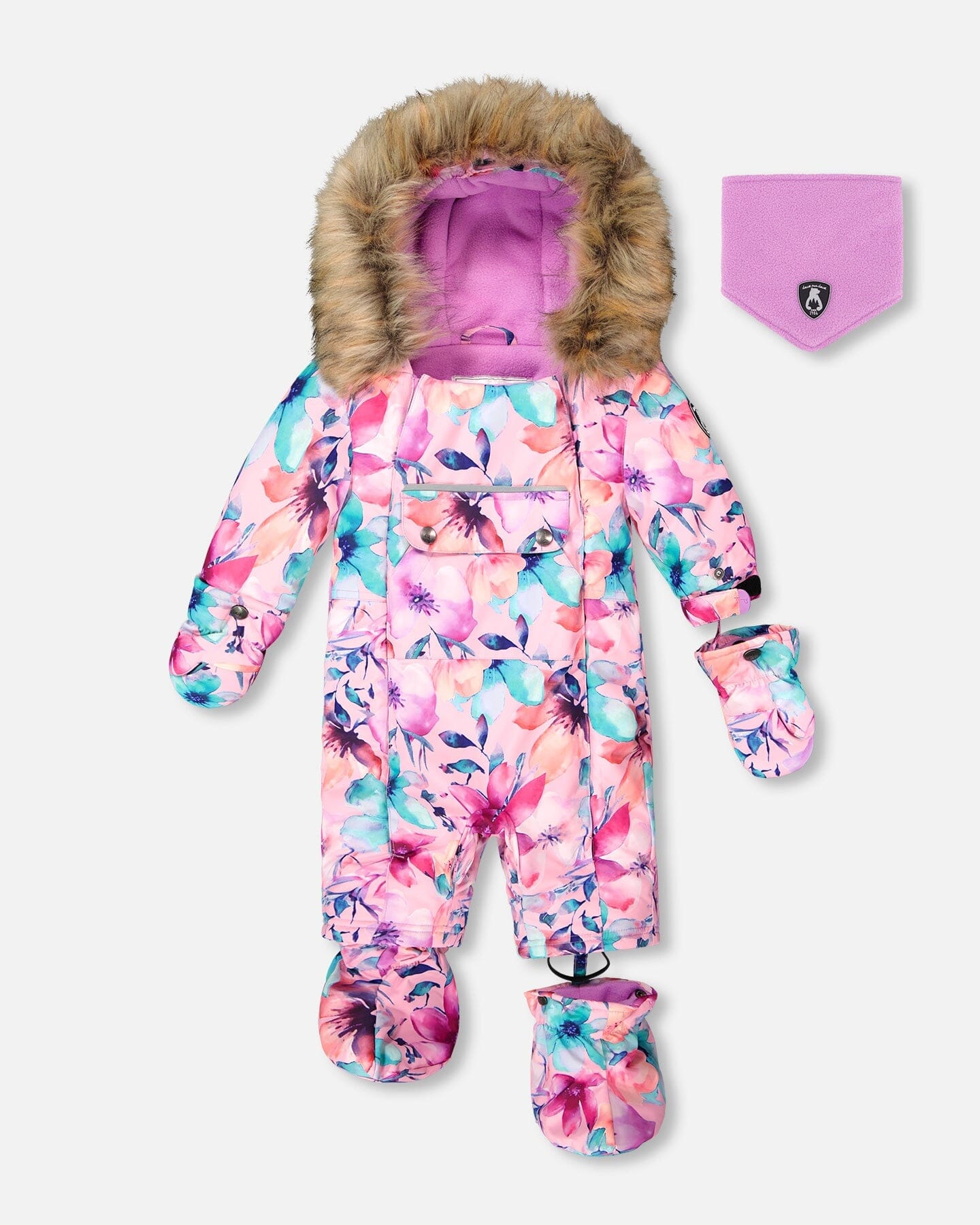 One-Piece Baby Play Snowsuit Designed For Car Seat Pink Watercolor Flower Print-0
