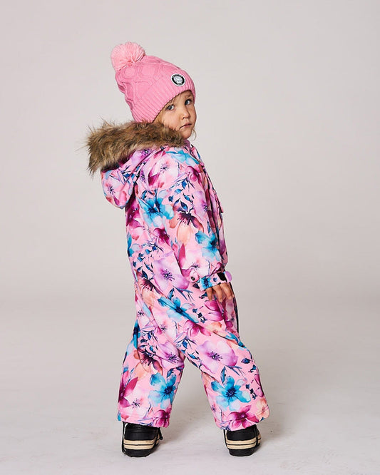 One-Piece Baby Play Snowsuit Designed For Car Seat Pink Watercolor Flower Print-1