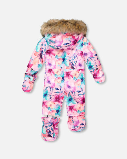 One-Piece Baby Play Snowsuit Designed For Car Seat Pink Watercolor Flower Print-3