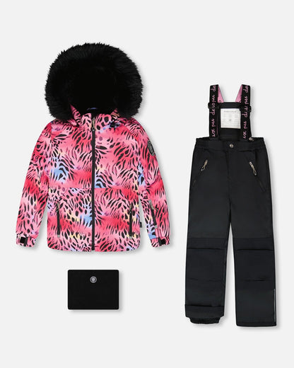 Two-Piece Play Snowsuit With Multicolor Print Jacket And Solid Pant Black-0