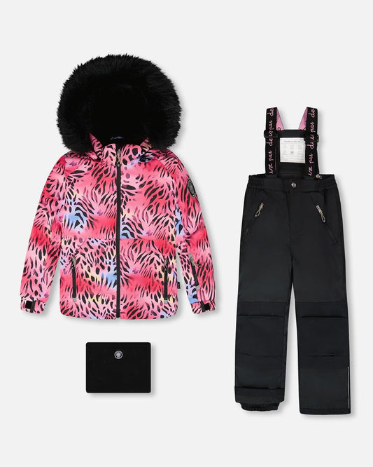 Two-Piece Play Snowsuit With Multicolor Print Jacket And Solid Pant Black-0