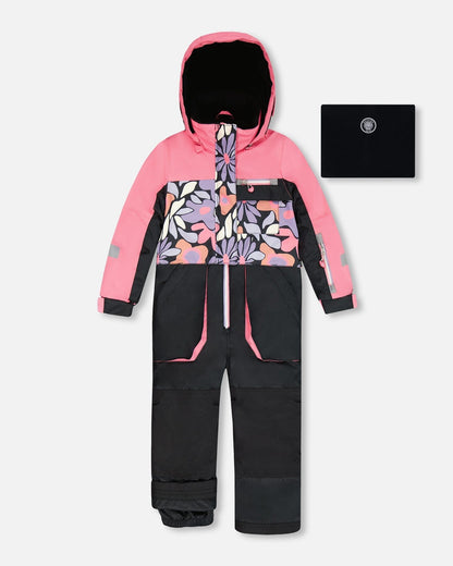 One-Piece Play Snowsuit Black Retro Flower Print-0